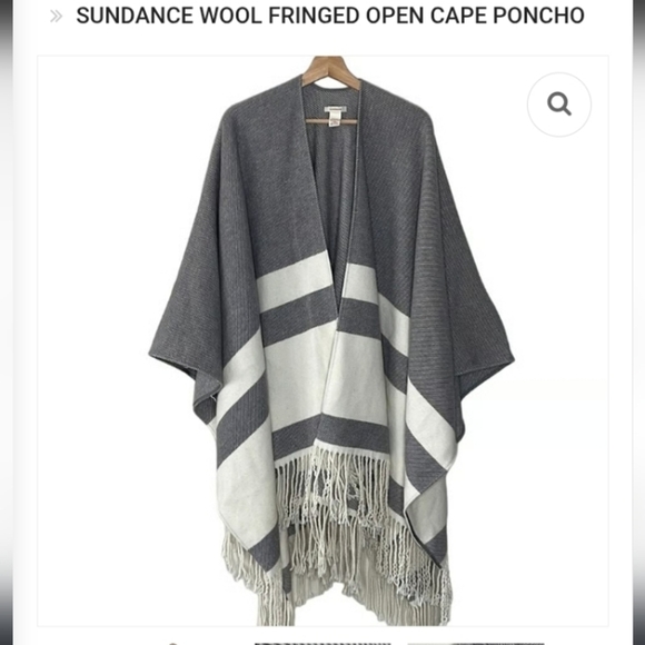 Sundance Sweaters - Sundance Western Gray White Striped Bohemian Luxe Classic Fringe Shawl Poncho L